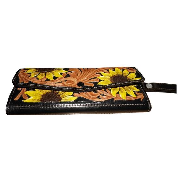 NO BRAND Handbags - Hand Tooled Leather Sunflower Wallet Wristlet Black Brown Floral Western Boho